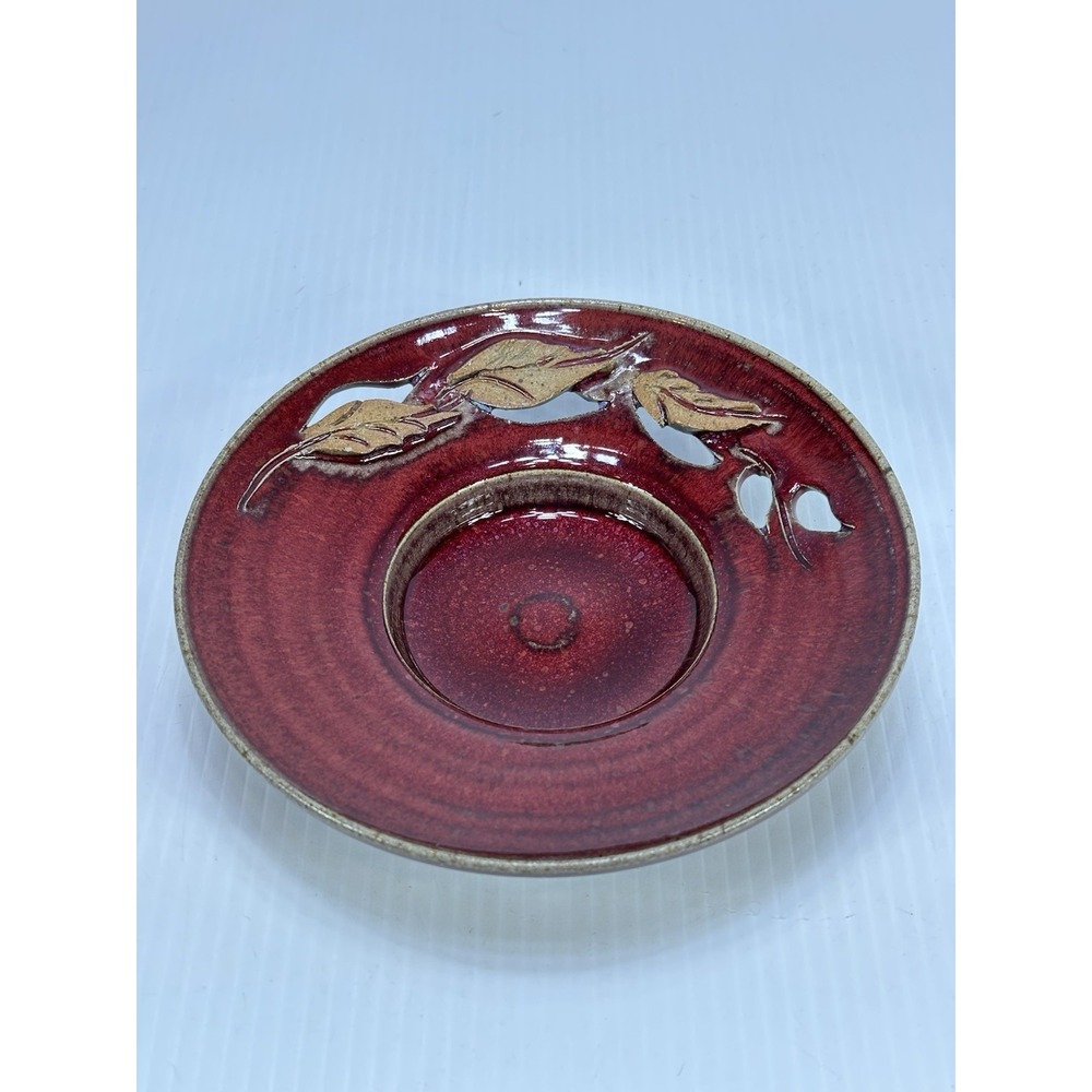 Signed Hand Made Studio Pottery Blood Red Pillar‎ Jar Candle Holder Leaf Cutout